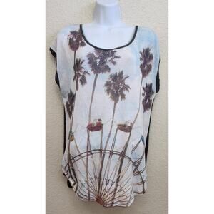 Edista Gray White Graphic Print Capped Sleeves Top XL Lightweight Soft Stretch